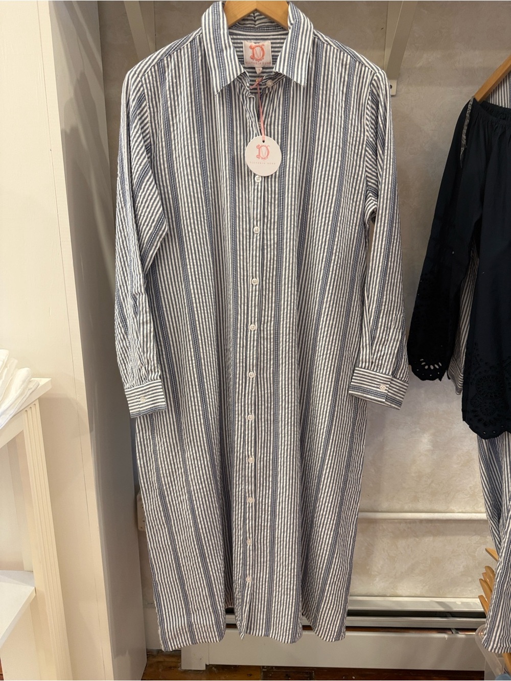 Victoria Dunn Navy and White Vertical Stripe Button-Down Shirt Dress